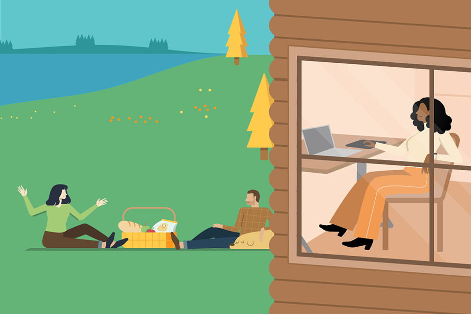 illustration of person working from vacation home