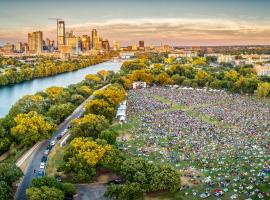 music festival with city in background