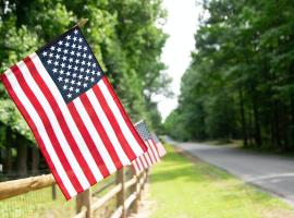 Image of American Flags hanging from a fence
