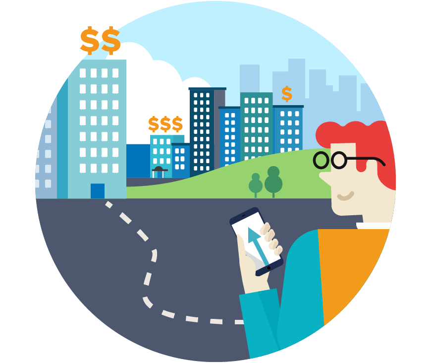 Illustration of man looking at phone with city in background showing the cost range of varying locations