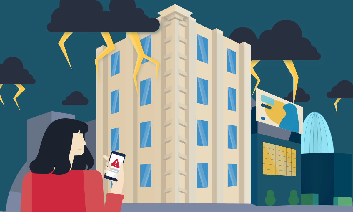 person amidst city buildings