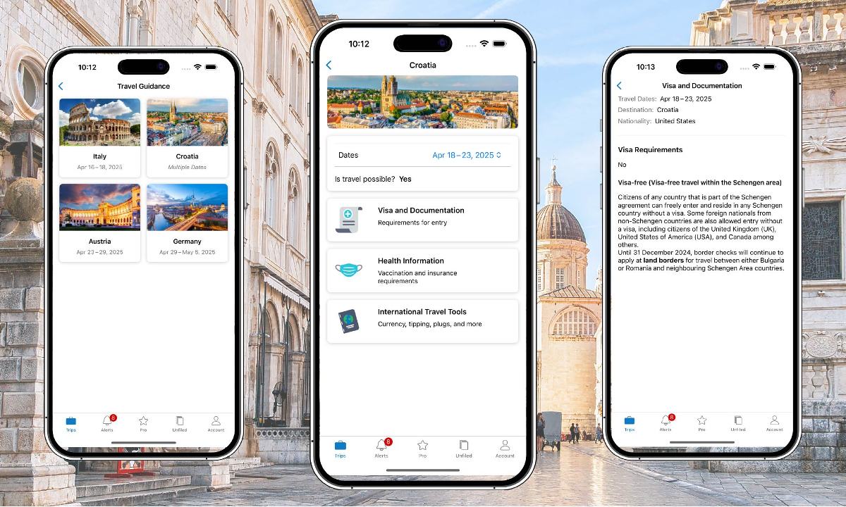 Three phone screens showing the various page views of Travel Guidance in TripIt Pro