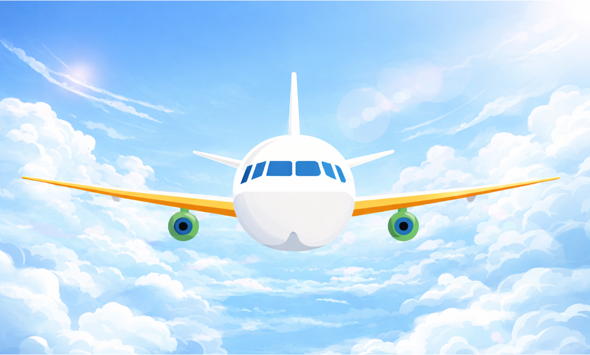 Illustration of airplane flying through clouds