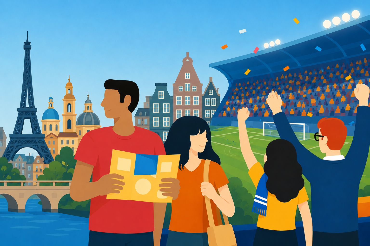 illustration of two people traveling soccer match