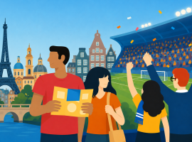 illustration of two people traveling soccer match