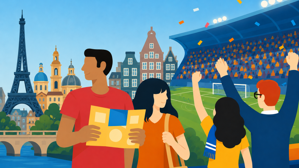 illustration of two people traveling soccer match